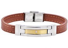 Load image into Gallery viewer, Mens Brown Leather And Gold Stainless Steel Bracelet With Cubic Zirconia - Blackjack Jewelry
