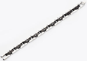 Mens Curved Link Two Tone Black Stainless Steel Bracelet With Cubic Zirconia - Blackjack Jewelry