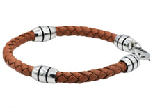 Load image into Gallery viewer, Mens Brown Leather Stainless Steel Bracelet - Blackjack Jewelry
