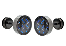 Load image into Gallery viewer, Mens 9mm Black Plated Stainless Steel Earrings With Blue Carbon Fiber - Blackjack Jewelry