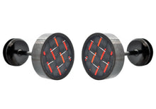 Load image into Gallery viewer, Mens 9mm Black Plated Stainless Steel Earrings With Red Carbon Fiber - Blackjack Jewelry