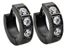 Load image into Gallery viewer, Mens 14mm Black Plated Stainless Steel Hoop Earrings With Cubic Zirconia - Blackjack Jewelry
