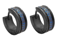 Load image into Gallery viewer, Mens 14mm Black And Blue Stainless Steel Greek Key Hoop Earrings - Blackjack Jewelry
