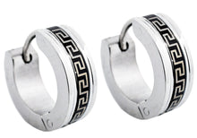 Load image into Gallery viewer, Mens 14mm Black And Stainless Steel Greek Key Hoop Earrings - Blackjack Jewelry