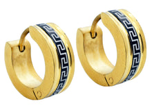 Load image into Gallery viewer, Mens 14mm Gold And Black Stainless Steel Greek Key Hoop Earrings - Blackjack Jewelry
