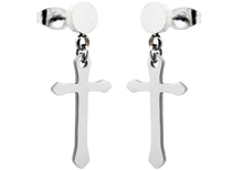 Load image into Gallery viewer, Mens Polished Stainless Steel Cross Earrings - Blackjack Jewelry
