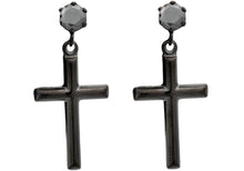 Load image into Gallery viewer, Mens Black Stainless Steel Cross Earrings Studs With Black Cubic Zirconia - Blackjack Jewelry