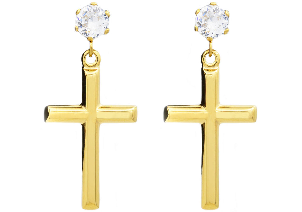 Mens Gold Stainless Steel Cross Earrings With Cubic Zirconia - Blackjack Jewelry