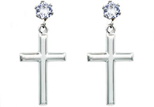 Load image into Gallery viewer, Mens Polished Stainless Steel Cross Earrings with Cubic Zirconia - Blackjack Jewelry
