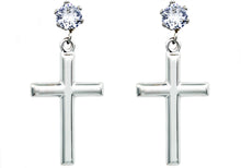 Load image into Gallery viewer, Mens Polished Stainless Steel Cross Earrings with Cubic Zirconia - Blackjack Jewelry