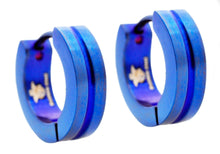 Load image into Gallery viewer, Mens 14mm Blue Plated Stainless Steel Divoted Hoop Earrings - Blackjack Jewelry