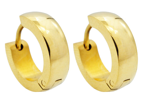 Mens Polished Gold Stainless Steel 14mm Hoop Earrings - Blackjack Jewelry