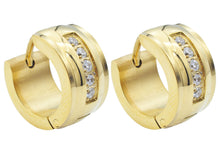 Load image into Gallery viewer, Mens 13mm Gold Plated Stainless Steel Hoop Earrings With Cubic Zirconia - Blackjack Jewelry