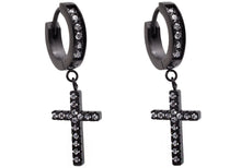 Load image into Gallery viewer, Mens Black Plated Stainless Steel Hoop Cross Earrings With Cubic Zirconia - Blackjack Jewelry