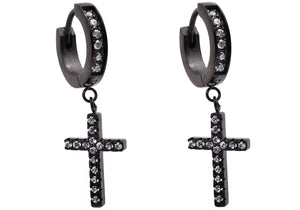 Mens Black Plated Stainless Steel Hoop Cross Earrings With Cubic Zirconia - Blackjack Jewelry