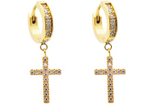 Load image into Gallery viewer, Mens Gold Plated Stainless Steel Hoop Cross Earrings With Cubic Zirconia - Blackjack Jewelry
