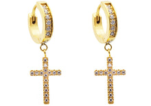 Load image into Gallery viewer, Mens Gold Plated Stainless Steel Hoop Cross Earrings With Cubic Zirconia - Blackjack Jewelry