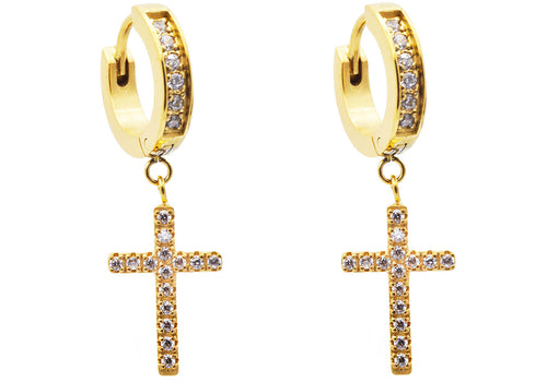 Mens Gold Plated Stainless Steel Hoop Cross Earrings With Cubic Zirconia - Blackjack Jewelry