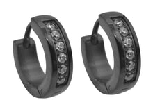 Load image into Gallery viewer, Mens 14mm Black Stainless Steel Hoop Earrings With Black Cubic Zirconia - Blackjack Jewelry
