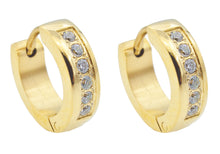 Load image into Gallery viewer, Mens 14mm Gold Plated Stainless Steel Hoop Earrings With Cubic Zirconia - Blackjack Jewelry