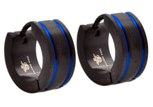 Load image into Gallery viewer, Mens 14mm Black Stainless Steel Blue Divoted Hoop Earrings - Blackjack Jewelry