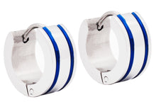 Load image into Gallery viewer, Mens 14mm Stainless Steel Blue Divoted Hoop Earrings - Blackjack Jewelry