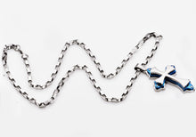 Load image into Gallery viewer, Mens Stainless Steel Large Cross Pendant Necklace With Blue Plated Edges - Blackjack Jewelry