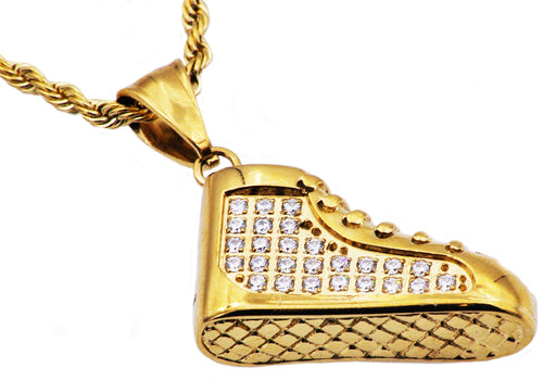 Mens Gold Stainless Steel Sneaker Pendant With Cubic Zirconia - Blackjack Jewelry