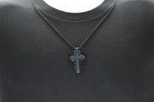 Load image into Gallery viewer, Mens Black And Blue Stainless Steel Textured Cross Pendant Necklace - Blackjack Jewelry
