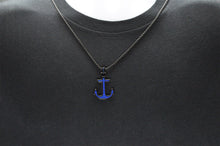 Load image into Gallery viewer, Mens Black And Blue Stainless Steel Anchor Pendant Necklace - Blackjack Jewelry