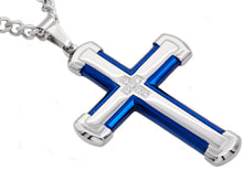 Load image into Gallery viewer, Mens Blue Stainless Steel Cross Pendant With Cubic Zirconia - Blackjack Jewelry