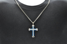 Load image into Gallery viewer, Mens Blue Stainless Steel Cross Pendant With Cubic Zirconia - Blackjack Jewelry