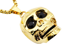 Load image into Gallery viewer, Mens Gold Stainless Steel Skull Pendant With Black Cubic Zirconia - Blackjack Jewelry