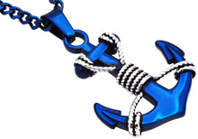 Load image into Gallery viewer, Mens Blue Stainless Steel Anchor Pendant Necklace With Steel Rope