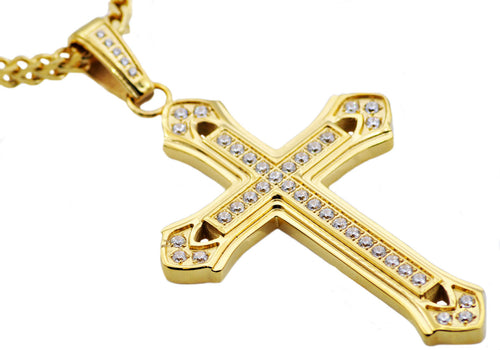 Mens Gold Stainless Steel Cross Pendant With Cubic Zirconia - Blackjack Jewelry