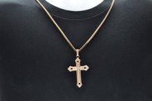 Load image into Gallery viewer, Mens Rose Gold Stainless Steel Cubic Zirconia Cross Pendant With 24" Franco Chain - Blackjack Jewelry