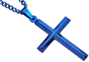 Mens Blue Stainless Steel Cross Pendant With 24" Curb Chain - Blackjack Jewelry