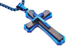 Load image into Gallery viewer, Mens Black And Blue Plated Stainless Steel Cross Pendant Necklace - Blackjack Jewelry