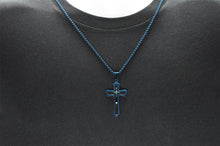 Load image into Gallery viewer, Mens Black And Blue Plated Stainless Steel Cross Pendant Necklace - Blackjack Jewelry