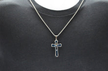 Load image into Gallery viewer, Mens Blue Plated Stainless Steel Cross Pendant Necklace - Blackjack Jewelry
