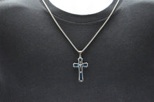 Load image into Gallery viewer, Mens Blue Plated Stainless Steel Cross Pendant Necklace - Blackjack Jewelry
