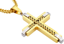 Load image into Gallery viewer, Mens Gold Stainless Steel Cross Pendant Necklace With Franco Link Chain Inlay - Blackjack Jewelry
