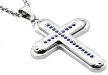 Load image into Gallery viewer, Mens Stainless Steel Cross Pendant Necklace With Blue Cubic Zirconia - Blackjack Jewelry