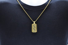 Load image into Gallery viewer, Mens Gold Stainless Steel Greek Key Black CZ Dog Tag Pendant Necklace With 24" Round Box Chain - Blackjack Jewelry
