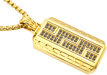 Load image into Gallery viewer, Mens Gold Stainless Steel Greek Key Black CZ Dog Tag Pendant Necklace With 24" Round Box Chain - Blackjack Jewelry