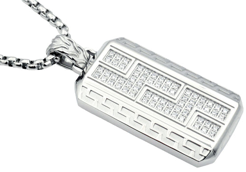 Mens Stainless Steel Greek Key CZ Dog Tag Pendant Necklace With 24