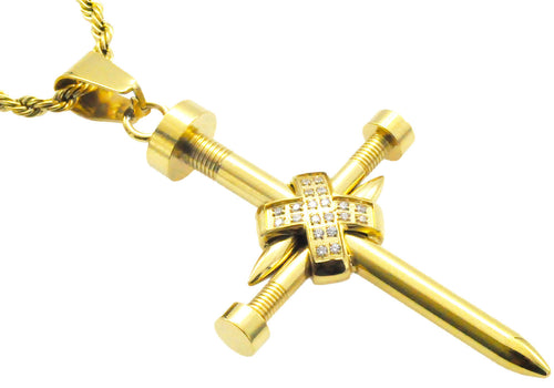 Mens Gold Stainless Steel Nail Cross Pendant With Cubic Zirconia and 24