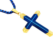 Load image into Gallery viewer, Mens Two-Toned Blue with Gold Tipped Stainless Steel Cross Pendant With 24&quot; Box Chain - Blackjack Jewelry
