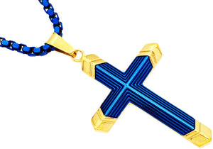 Mens Two-Toned Blue with Gold Tipped Stainless Steel Cross Pendant With 24" Box Chain - Blackjack Jewelry