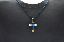 Load image into Gallery viewer, Mens Two-Toned Blue with Gold Tipped Stainless Steel Cross Pendant With 24&quot; Box Chain - Blackjack Jewelry
